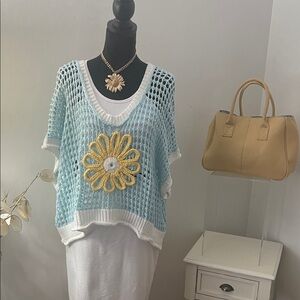 POL Light Blue/Aqua Crocheted Flower Knit Top